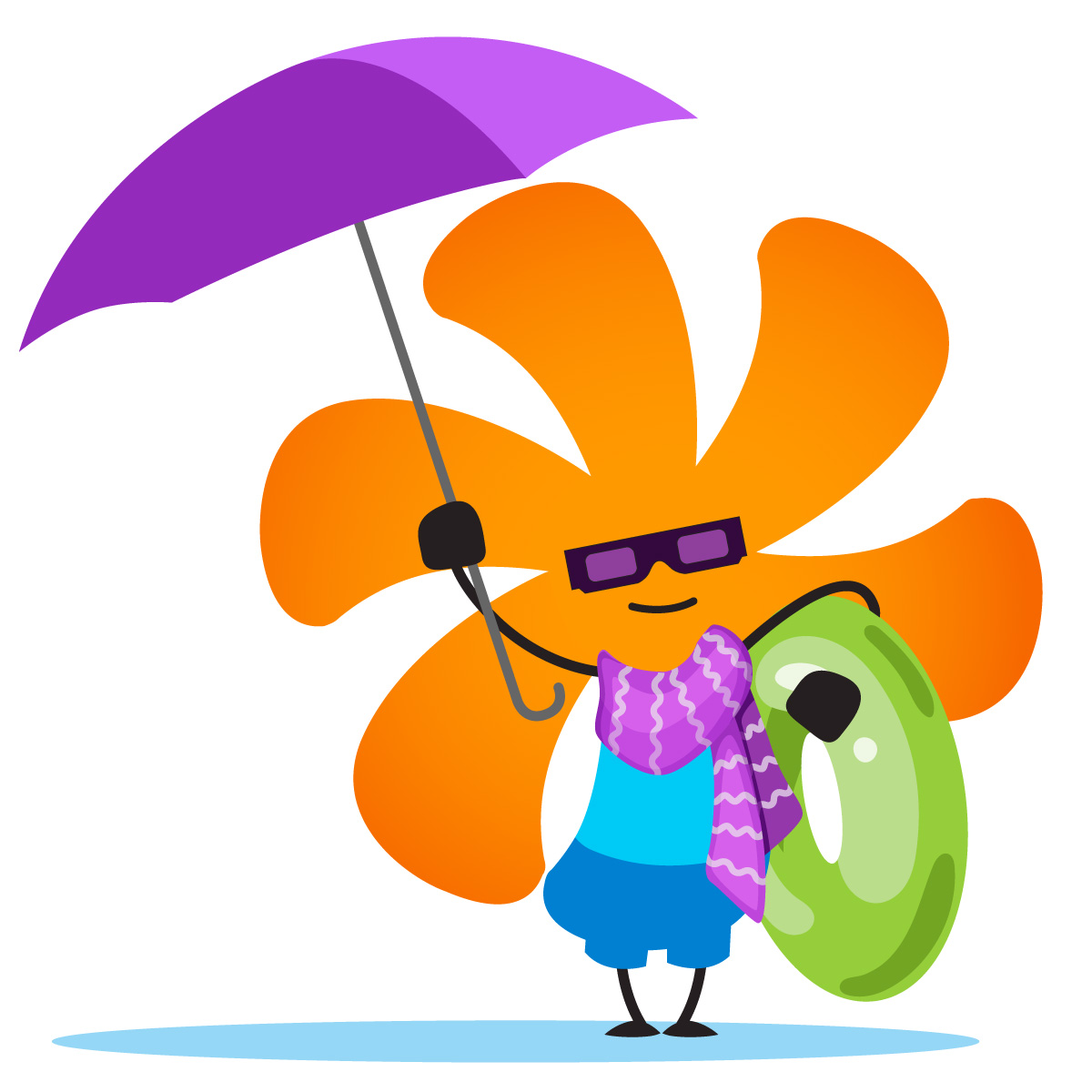 Aster with an umbrella and a raft wearing sunglasses